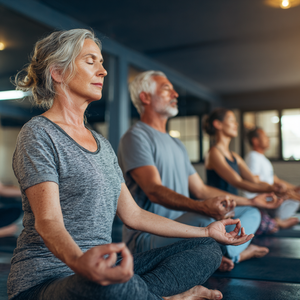 Middle-aged adults practicing gentle yoga poses in a peaceful studio environment