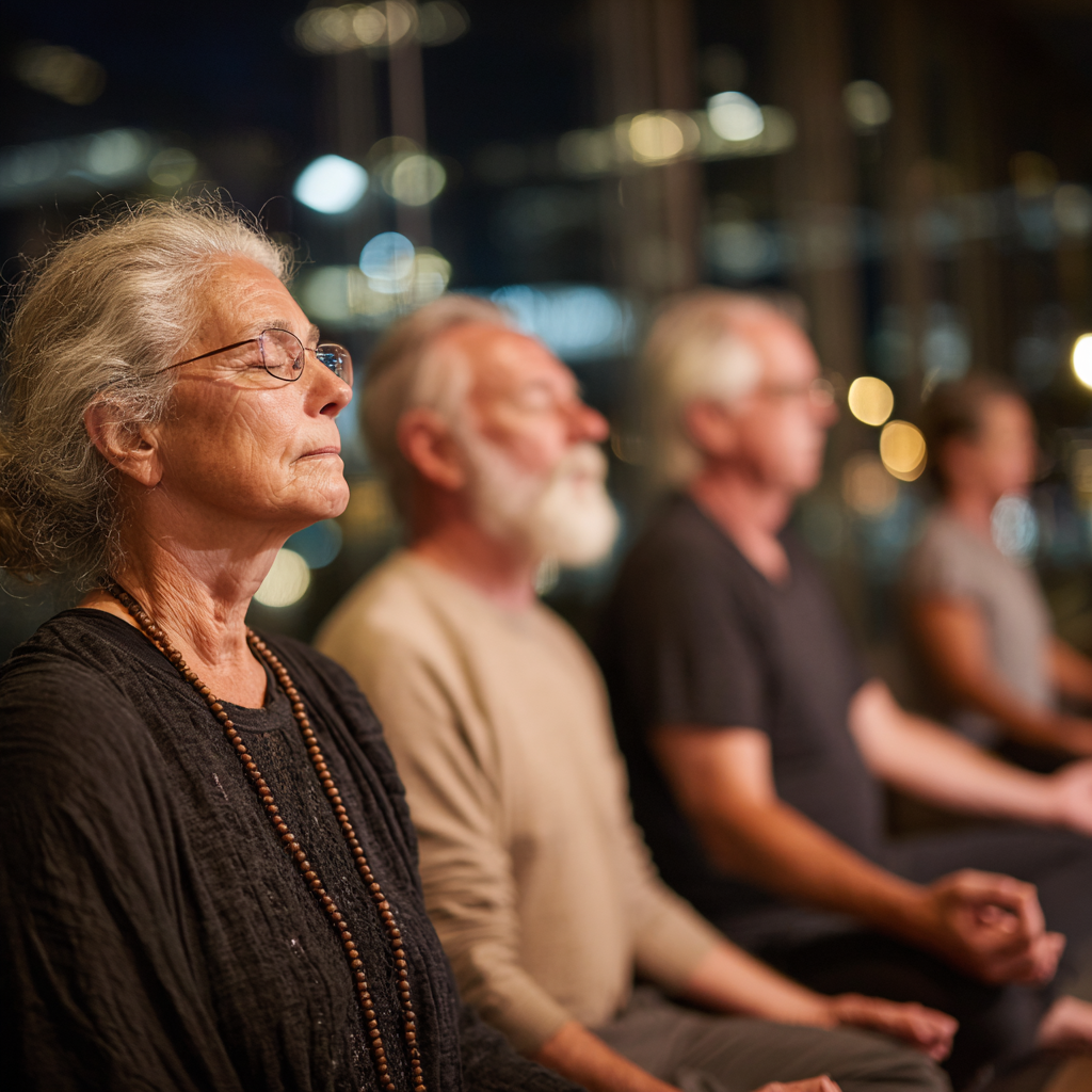 Peaceful older adults in comfortable meditation poses during an evening practice session